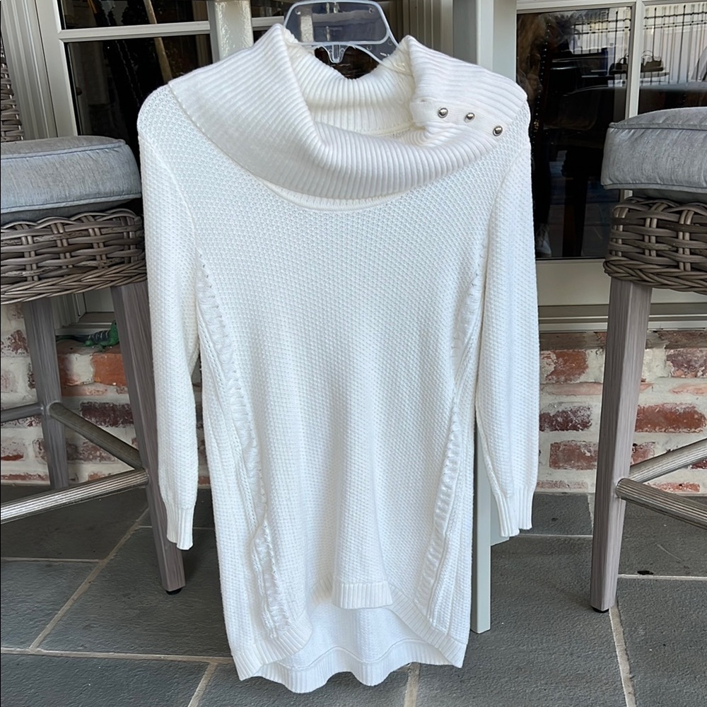 White Long Tunic Cowl Neck Sweater
